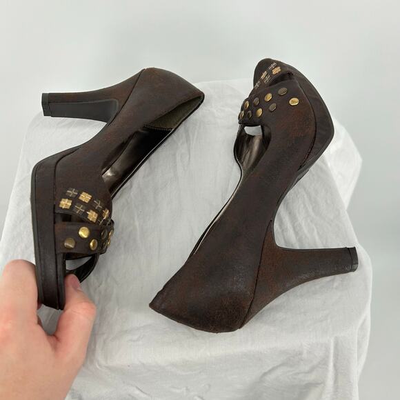Vintage y2k Women's Brown Gold Studded LEI Stash Strappy Heel Pumps Sz 10M - Picture 5 of 8